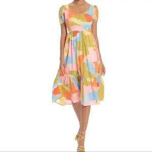 Donna Morgan | Midi Dress Short
Sleeve Abstract Print in Blue Citronella| US 6